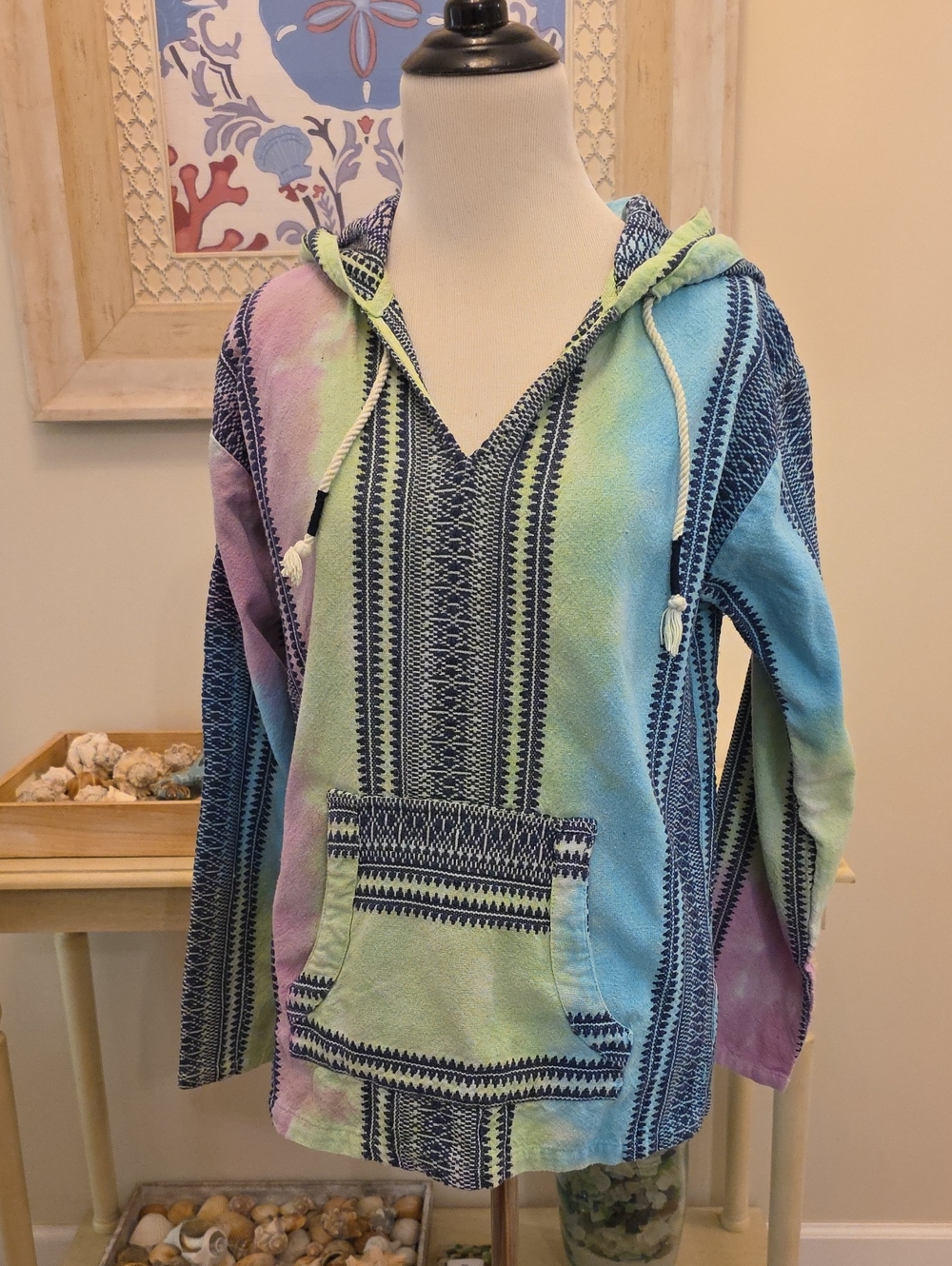 Beach By Exist Pastel Green and Navy Baja Pullover Hoodie